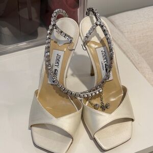 Jimmy Choo Saeda 100 Ivory Satin Crystal-Strap Open-Toe Slingback Heels
